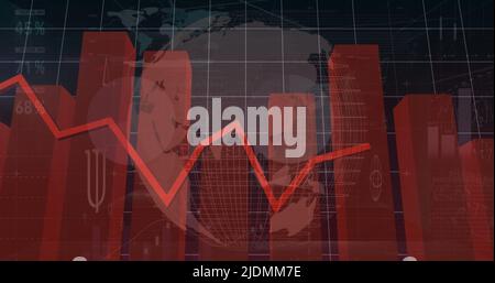 Abbildung von Finanzdaten und -Diagrammen über dem rotierenden Globus Stockfoto