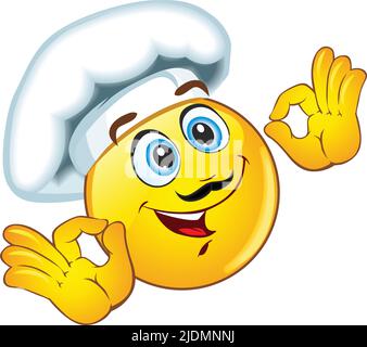 Fun Chef Emoji mit Hut und Schnurrbart zeigt leckeres Essen an. Werbeelement für italienische, französische, mexikanische Küche. Vektor auf transparentem Backgro Stock Vektor