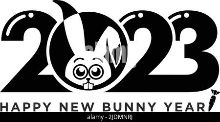 2023 Jahre Logo-Design. Chinesisches neues Jahr des Hasen. Schwarzes Kaninchen Horoskop Zeichen. Neues Jahr lustiges Symbol. Flacher Vektor auf transparentem Hintergrund Stock Vektor