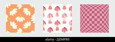 Set aus Retro 70s Nahtloses Muster. Blumen, Wirbel, Pilze, Friedenssymbol, Kamille, Lächeln. Uhrwerkdesign im Stil der 70er Jahre. Stock Vektor