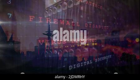 Bild der Warnung vor Cyberangriffen über Stadtbild und Serverraum Stockfoto Bild der Warnung vor Cyberangriffen über Stadtbild und Serverraum Stockfoto