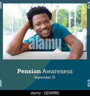 Porträt eines lächelnden afroamerikanischen Mannes mit mittlerem Erwachsenenalter und einem Text zur Pensionswahrnehmung im Rahmen, in einem Kopierraum Stockfoto