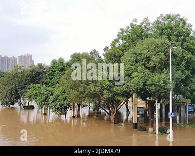 QINGYUAN, CHINA - 22. JUNI 2022 - der Beijiang-Park wird teilweise von Überschwemmungen in der Stadt Qingyuan, Provinz Guangdong, China, überflutet, 22. Juni 2022. Der Hydrolo Stockfoto