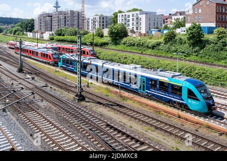 DB Regio Alstom Coradia LINT 41 Zug in nah.SH Lackierung am Kieler Hauptbahnhof Stockfoto