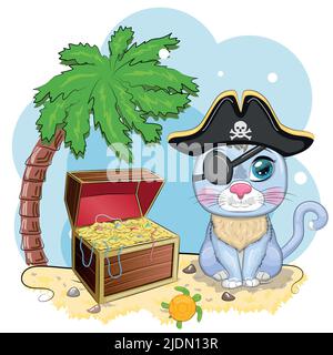Katzenpirat, Zeichentrickfigur des Spiels, Wildtierkatze in einem Bandana und ein aufgespannter Hut mit einem Schädel, mit einem Augenfleck. Charakter mit hellen Augen A Stock Vektor