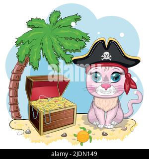 Katzenpirat, Zeichentrickfigur des Spiels, Wildtierkatze in einem Bandana und ein aufgespannter Hut mit einem Schädel, mit einem Augenfleck. Charakter mit hellen Augen A Stock Vektor