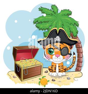 Tiger Pirat, Cartoon-Charakter des Spiels, Wildtierkatze in einem Bandana und eine aufgespannte Hut mit einem Schädel, mit einem Augenfleck. Charakter mit hellen Augen Stock Vektor