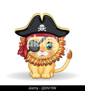 Lion Pirat, Zeichentrickfigur des Spiels, Wildtierkatze in einem Bandana und eine aufgespannte Hut mit einem Schädel, mit einem Augenfleck. Charakter mit hellen Augen Stock Vektor