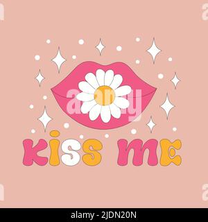 Retro-Stil Kiss Me Text, groovige Hippie Hintergründe. Stock Vektor