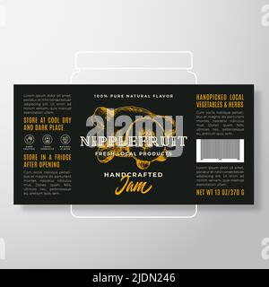 Handgefertigte Etikettenvorlage Für Obstkonfitüre. Design-Layout Für Abstrakte Vektorverpackungen. Modernes Typografie-Banner mit handgezeichneter Silhouette aus Nippelfruit Stock Vektor