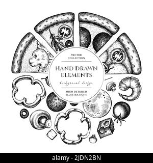 Pizzabranz-Design. Handgezeichnete griechische, margherita, Pepperoni, Veggie, Schinken und Pilze sowie Pizza mit Meeresfrüchten. Stock Vektor