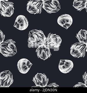 Nahtloses Muster mit handgezeichneter Kreide Haselnuss, Buchstaben Stock Vektor