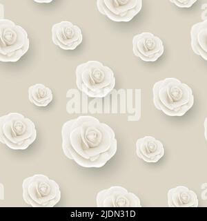 Vektor Blume Nahtloses Muster, Weiß realistische 3D Rosen auf Beige. Nahtlose Hintergrund Mit Blumenmuster. Hochzeitskonzept. Blumendesign für Dreeting Card Stock Vektor