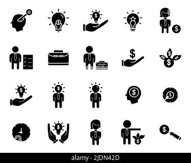 Vektor-Icon-Set von Unternehmer. Enthält Symbole wie Geschäftsmann, Idee, Geschäftsziele, Bankzinsen, Dollar, Geschäftsideen etc. Solide Ikone Stil Stock Vektor