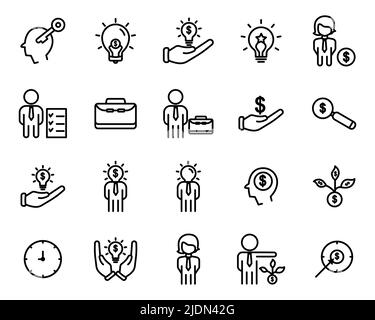Vektor-Icon-Set von Unternehmer. Enthält Symbole wie Geschäftsmann, Idee, Geschäftsziele, Bankzinsen, Dollar, Geschäftsideen usw. Stil der Linienikone Stock Vektor
