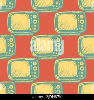 Retro-Fernseher mit gravierten nahtlosen Mustern. Vintage-Fernseher im handgezeichneten Stil. Vektor wiederholte Textur für Druck, Stoff, Verpackung, Tapete, Stock Vektor