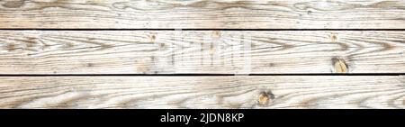 Holzhintergrundstruktur, Nahaufnahme. Kiefer Holzbrett natürliche Farbe horizontale Planken, Banner. Gebäudewand, Zaun oder Boden Stockfoto