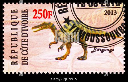 MOSKAU, RUSSLAND - 17. JUNI 2022: Die in der Elfenbeinküste gedruckte Briefmarke zeigt Baryonyx, Dinosaurier-Serie, um 2013 Stockfoto