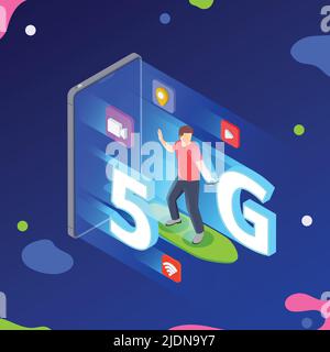 5G High-Speed-Internet isometrische Komposition mit menschlichen Charakter auf Skate und Smartphone mit 5G Icons Vektor-Illustration Stock Vektor