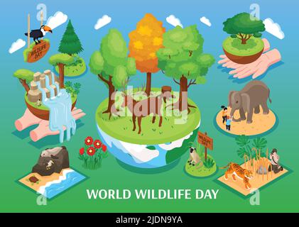 Welt Wildlife Tag isometrischen Hintergrund mit Cartoon Tiere der Wald Dschungel Savanne und Ozean Vektor Illustration Stock Vektor