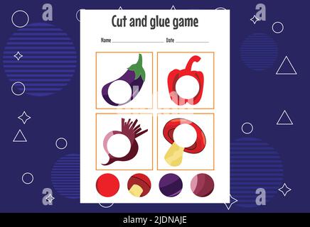 Schneiden und kleben Spiel für Kinder. Schneidpraxis für Vorschulkinder. Bildung Papier Spiel für Kinder Stock Vektor