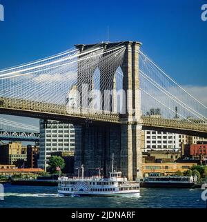 New York 1980s, Brooklyn Bridge, Andrew Fletcher Sightseeing Touristenkreuzfahrt Paddelboot, East River, New York City, NYC, NY, USA, Stockfoto