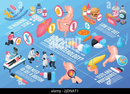 Isometrische Gastroenterologie horizontale Zusammensetzung mit müssen Sie einen Arzt fettarme Diät-Test und Verfahren Beschreibungen Vektor Illustration sehen Stock Vektor
