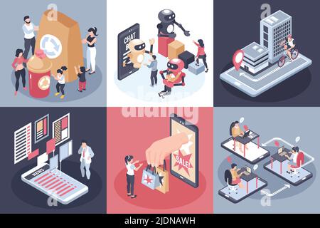 Isometrische globale Verbraucher Trends Design-Konzept mit multifunktionalen Häusern Wiederverwendung private Personalisierung und neue Technologie Beschreibungen Vektor il Stock Vektor