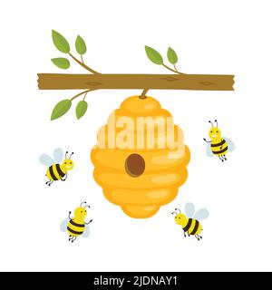 Bienen fliegen um einen Bienenstock herum. Vektordarstellung isoliert. Stock Vektor