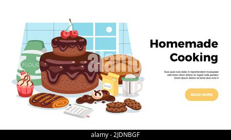 Hausgemachtes Kochen horizontale Web-Banner mit Kunst Komposition von fertigen köstlichen süßen Backwaren flache Vektor-Illustration Stock Vektor