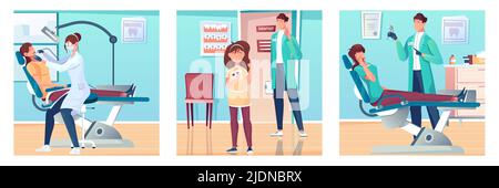 Zahnmedizin Set mit flachen Kompositionen von Zahnärzten Bürolandschaft mit Zeichen von Zahnchirurgen und Patienten Vektor-Illustration Stock Vektor