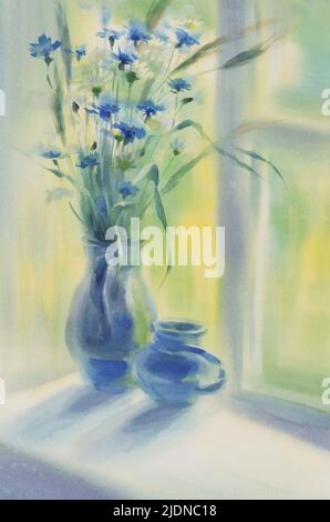 Wilder Sommer blüht in einer Vase am Fenster Aquarell Illustration Stockfoto