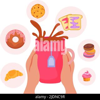 Tee Zeit flache Zusammensetzung mit menschlichen Händen halten Teetasse und runde Symbole der süßen Mittagessen Snacks Vektor-Illustration Stock Vektor