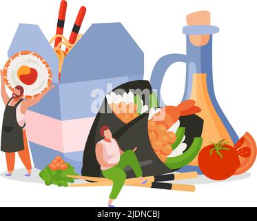 Wok-Box flache Hintergrundkomposition mit menschlichen Charakteren Essstäbchen und Rollen mit Sauce und Nudeln Pack Vektor-Illustration Stock Vektor
