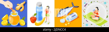 Stärkung der Immunität isometrische Icon-Set mit Honig und Zitrusfrüchten Sport und gesunde Ernährung Fisch und Vitamine Yoga und richtige Atmung Vektor illustrat Stock Vektor