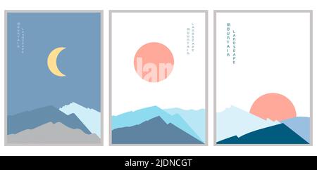 Berg Landschaft Poster Vektor Illustration Set. Sonnenuntergang und Nacht. Vektorgrafik. Stock Vektor