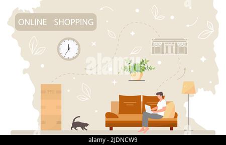 Vector Illustration man verwendet eine Website auf einem Laptop, um Produkte zu bestellen. Online-Shopping. Bestellung von Artikeln im Internet. Schnelle Lieferung aus dem Geschäft. Sho Stock Vektor