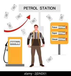 Vektorgrafik der Mensch ist aufgebracht. Steigende Benzinpreise. Der Benzinpreis wird viel zu hoch. Preisschwankungen. Lage auf dem Kraftstoffmarkt. Busin Stock Vektor