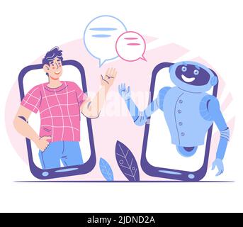 Chatbot-Gespräch mit Client-Banner flache Vektor-Illustration isoliert auf weiß. Der Kunde erhält Unterstützung durch einen KI-Assistenten. Roboter-Chatbot und Stock Vektor