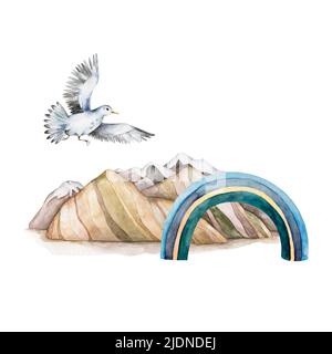 Darstellung der Meeresfarbe. Berge, Regenbogen, Möwe. Ein fliegender Vogel über dem Meer. Clipart auf weißem Hintergrund Stockfoto