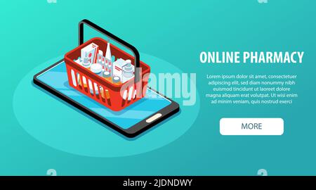 Isometrisches Apothekenbanner mit Bildern von Smartphone und Warenkorb mit Medikamenten mit editierbarer Textvektordarstellung Stock Vektor