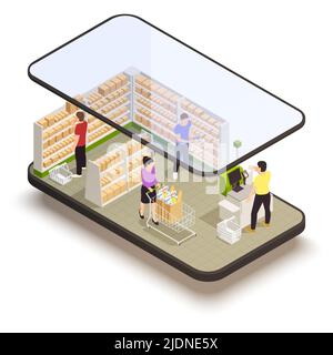 Menschen mit Karren im Supermarkt mit Self-Checkout isometrische Online-Shopping-Konzept 3D Vektor-Illustration Stock Vektor