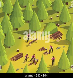 Holzfäller Schneiden Holz mit Axt Handsäge elektrische Säge in Wald 3D isometrische Vektor-Illustration Stock Vektor