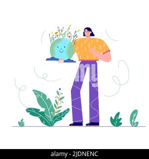 Happy Earth Day Konzept. Ökologie, Recycling, Zero Waste Set mit Save Environment Vektorgrafik. Öko Abzeichen mit Mädchen, Naturpflanze. Design für sh Stock Vektor