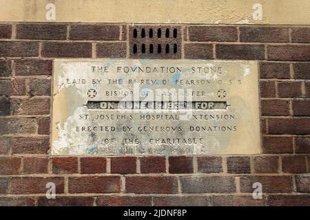 Grundstein für die Erweiterung des St. Joseph's Hospital. Mount Street, Preston. Stockfoto