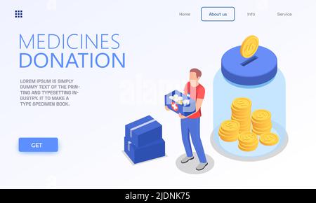 Charity Spende Freiwilligenarbeit isometrische Website Landing Page mit menschlichen Charakter mit Medizin Box Links und Text-Vektor-Illustration Stock Vektor