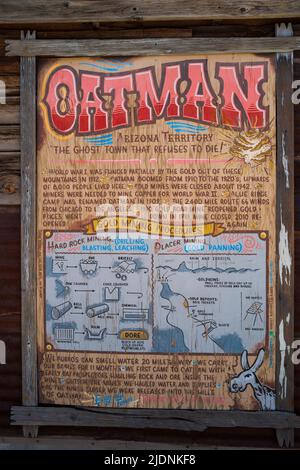 Oatman Ghost Town auf der Route 66 Arizona Historical Guide Schild Stockfoto