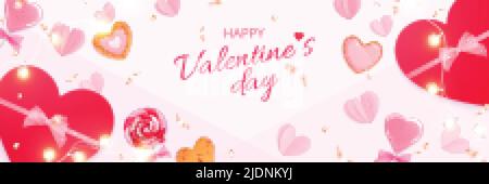 Valentines Day Hearts realistische Komposition mit editierbarem kunstvollen Text und fliegenden Süßigkeiten Herzen und Geschenkkartons Vektor-Illustration Stock Vektor
