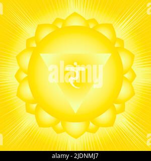 Das dritte Chakra von Manipur. Solar Plexus Chakra mit hinduistischem Sanskrit. Gelb ist ein flaches Symbol für Meditation, Yoga. Stockfoto