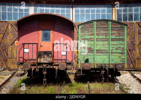 Alte Güterwagen stehen vor dem historischen Lokschuppen. Die Aufnahme wurde bei natürlichem Licht aufgenommen Stockfoto